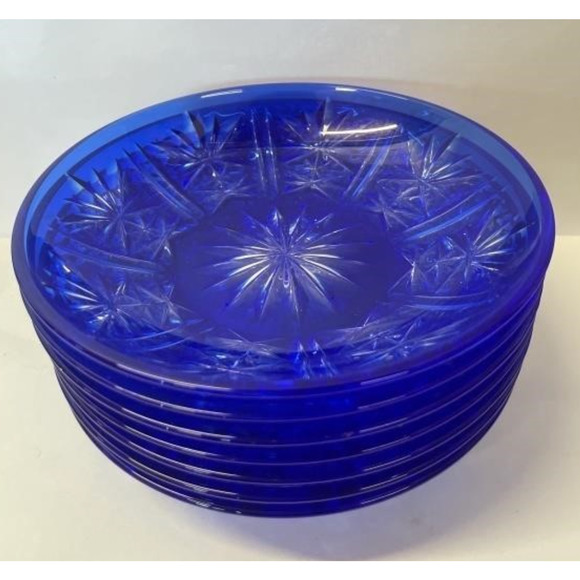Bohemia Cobalt Blue Bowl Cut Fans, Stars & Criss Cross 5 5/8" x 1" Set of 6 - Picture 4 of 4